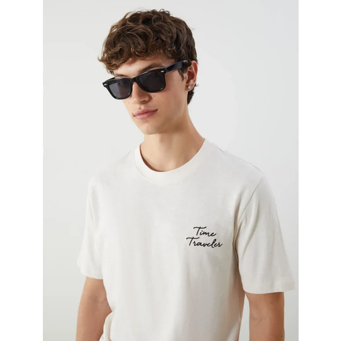 XSIDE Bej Bisiklet Yaka Baskılı Penye Erkek Tişört