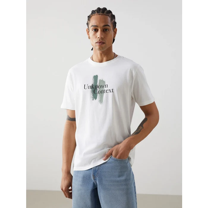 XSIDE Ekru Bisiklet Yaka Baskılı Penye Erkek Tişört