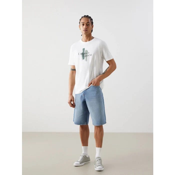 XSIDE Ekru Bisiklet Yaka Baskılı Penye Erkek Tişört