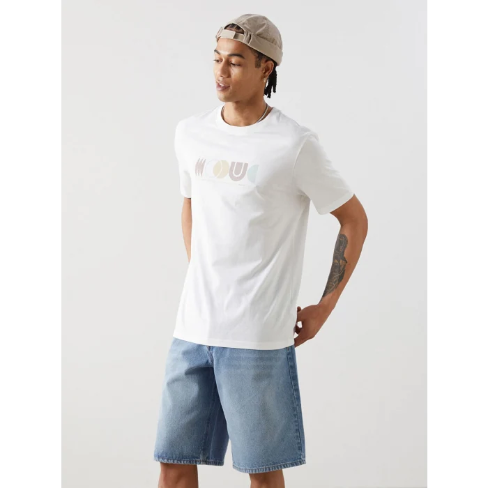 XSIDE Ekru Bisiklet Yaka Baskılı Penye Erkek Tişört