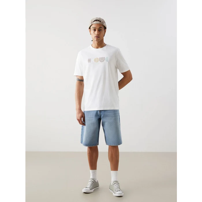 XSIDE Ekru Bisiklet Yaka Baskılı Penye Erkek Tişört