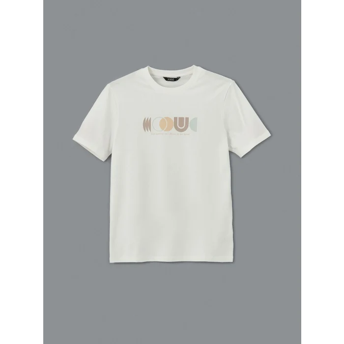 XSIDE Ekru Bisiklet Yaka Baskılı Penye Erkek Tişört