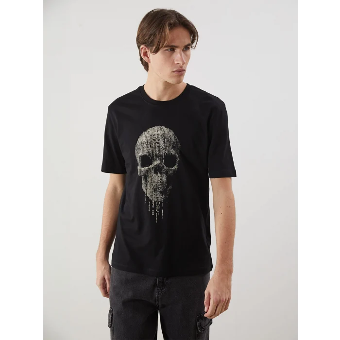 XSIDE Siyah Bisiklet Yaka Baskılı Erkek Tişört