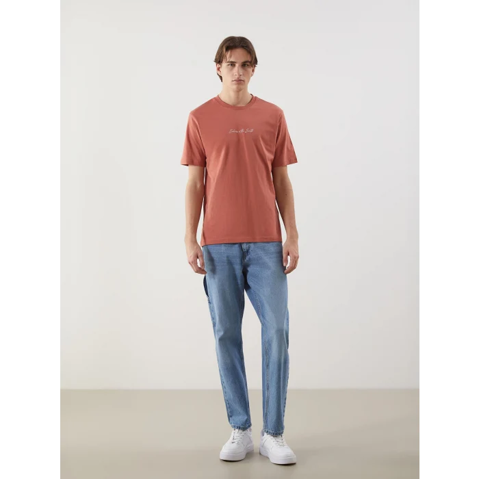 XSIDE Kahverengi Bisiklet Yaka Baskılı Penye Erkek Tişört