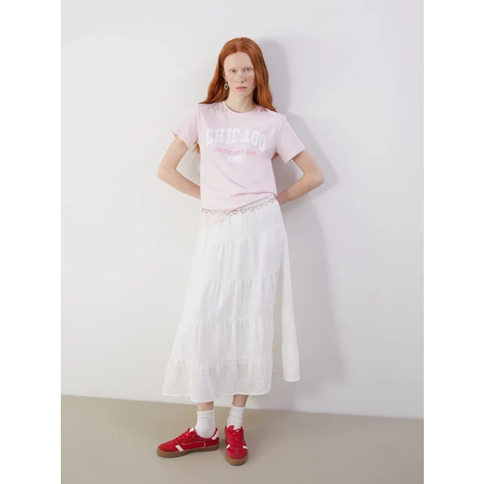 XSIDE Pembe Bisiklet Yaka Chicago Baskılı Kadın Tişört