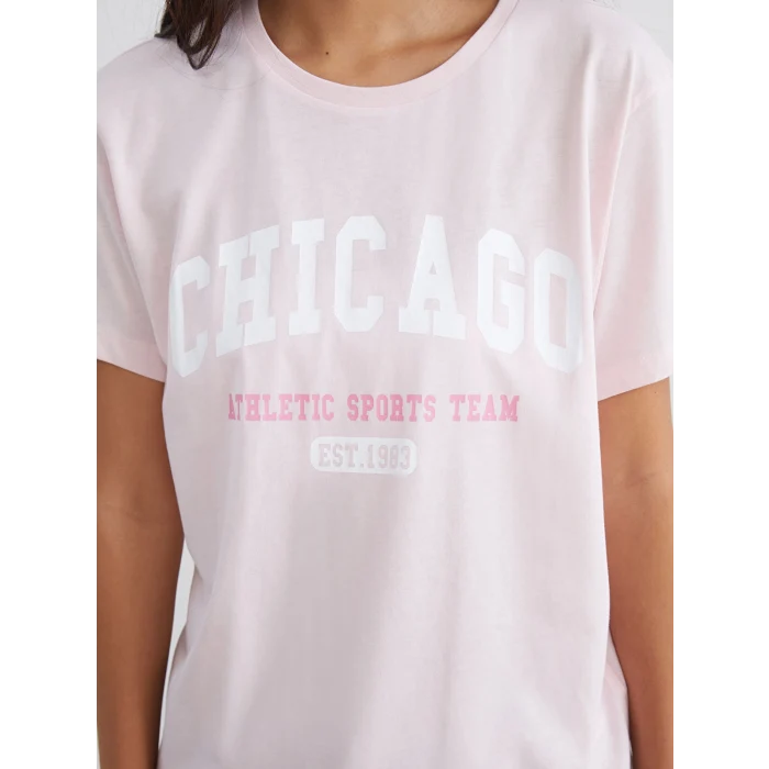 XSIDE Pembe Bisiklet Yaka Chicago Baskılı Kadın Tişört