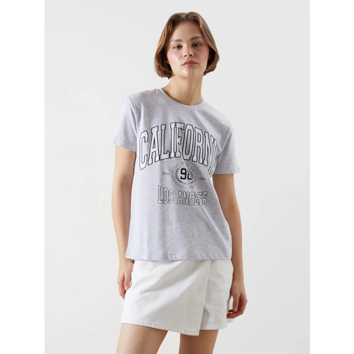 XSIDE Gri Bisiklet Yaka California Baskılı Kadın Tişört