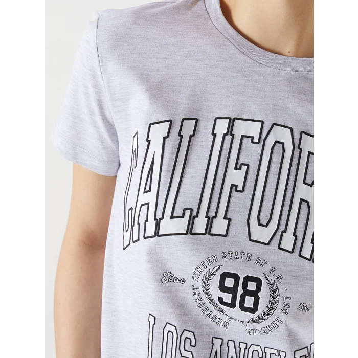 XSIDE Gri Bisiklet Yaka California Baskılı Kadın Tişört