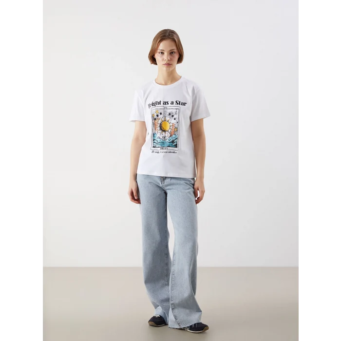 XSIDE Beyaz Bisiklet Yaka Baskılı Kadın Tişört