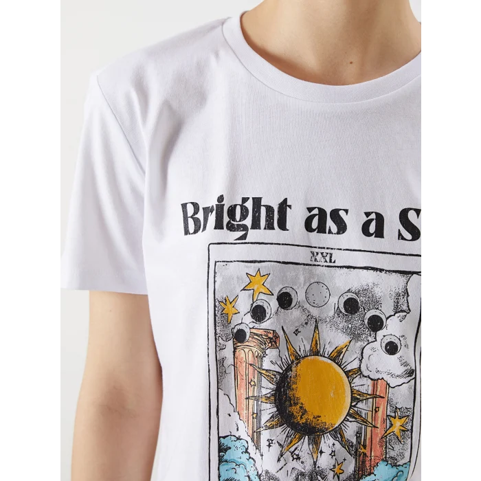 XSIDE Beyaz Bisiklet Yaka Baskılı Kadın Tişört