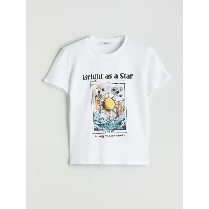 XSIDE Beyaz Bisiklet Yaka Baskılı Kadın Tişört