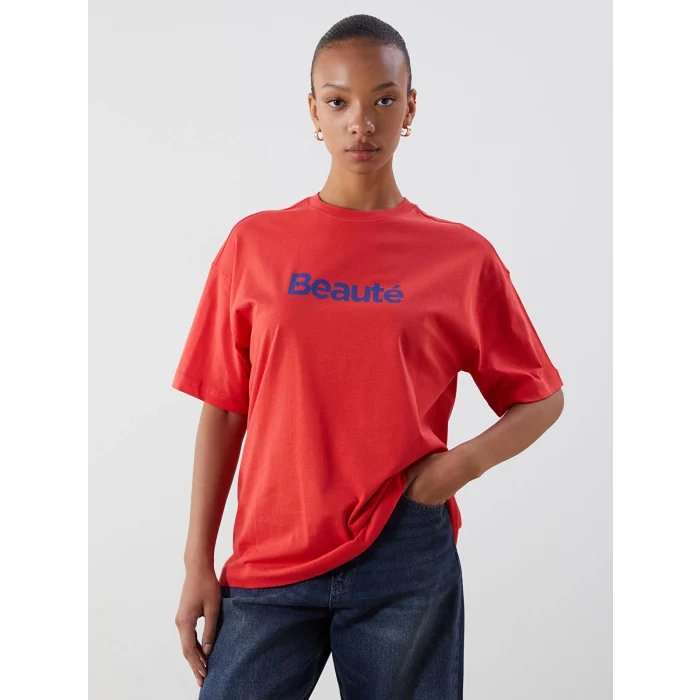 LCW Vision Kırmızı Bisiklet Yaka Baskılı Oversize Kadın Tişört