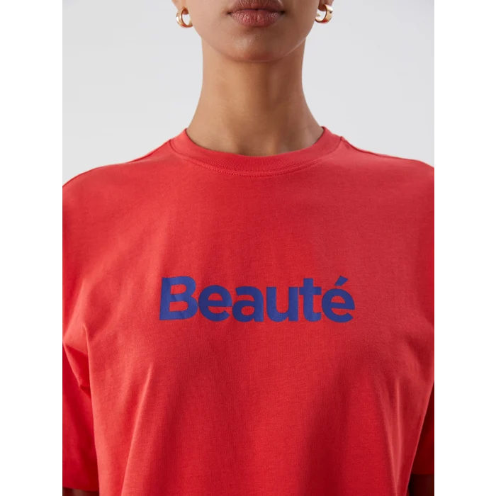 LCW Vision Kırmızı Bisiklet Yaka Baskılı Oversize Kadın Tişört