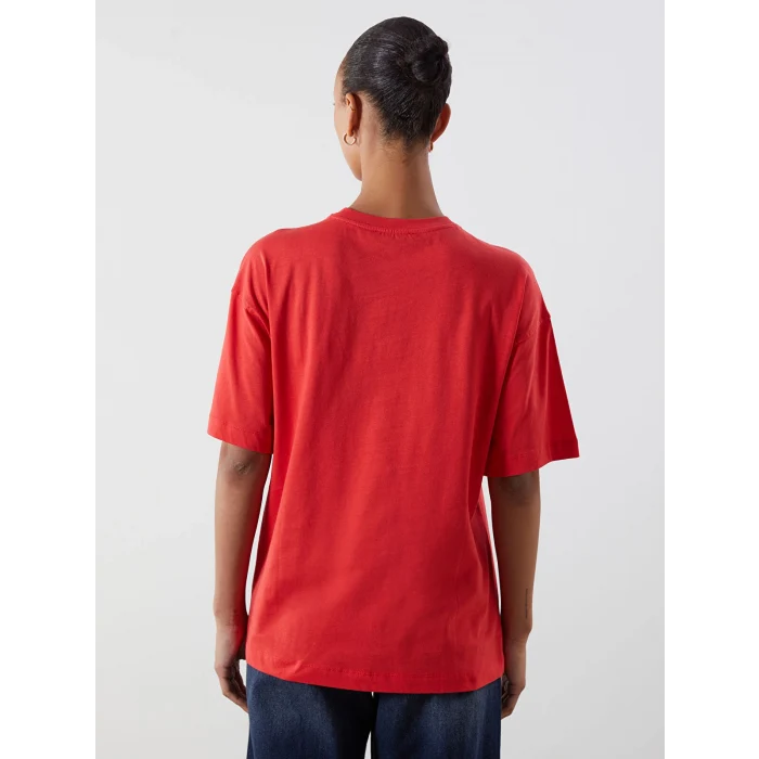 LCW Vision Kırmızı Bisiklet Yaka Baskılı Oversize Kadın Tişört