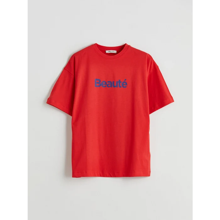 LCW Vision Kırmızı Bisiklet Yaka Baskılı Oversize Kadın Tişört