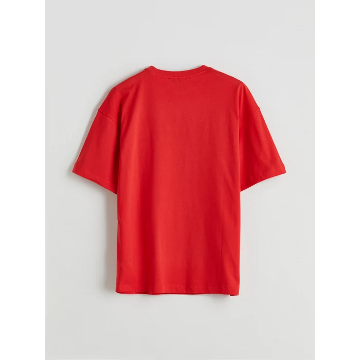 LCW Vision Kırmızı Bisiklet Yaka Baskılı Oversize Kadın Tişört