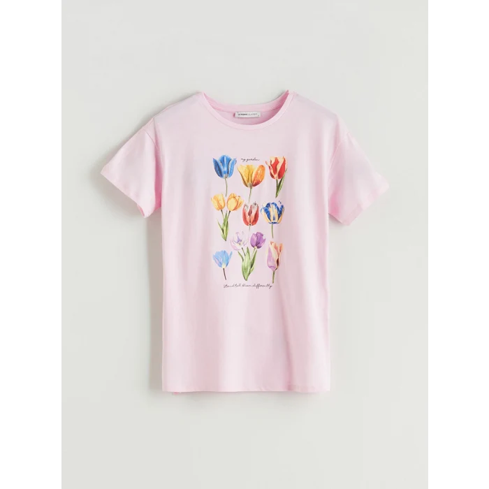 LCWAIKIKI Classic Pembe Bisiklet Yaka Baskılı Kadın Tişört