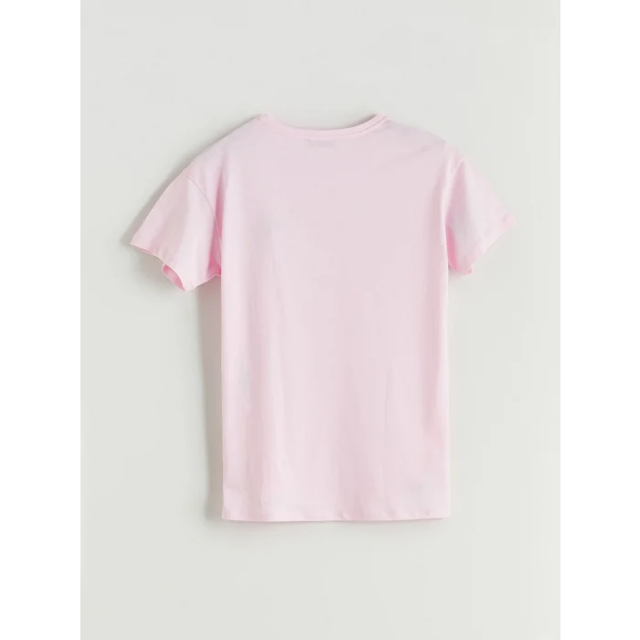 LCWAIKIKI Classic Pembe Bisiklet Yaka Baskılı Kadın Tişört