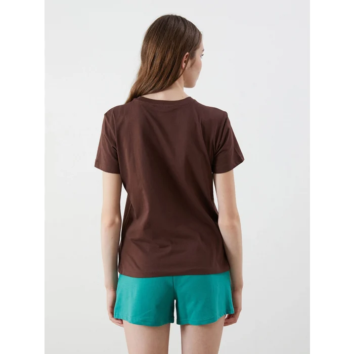 XSIDE Kahverengi Bisiklet Yaka Chicago Baskılı Kadın Tişört