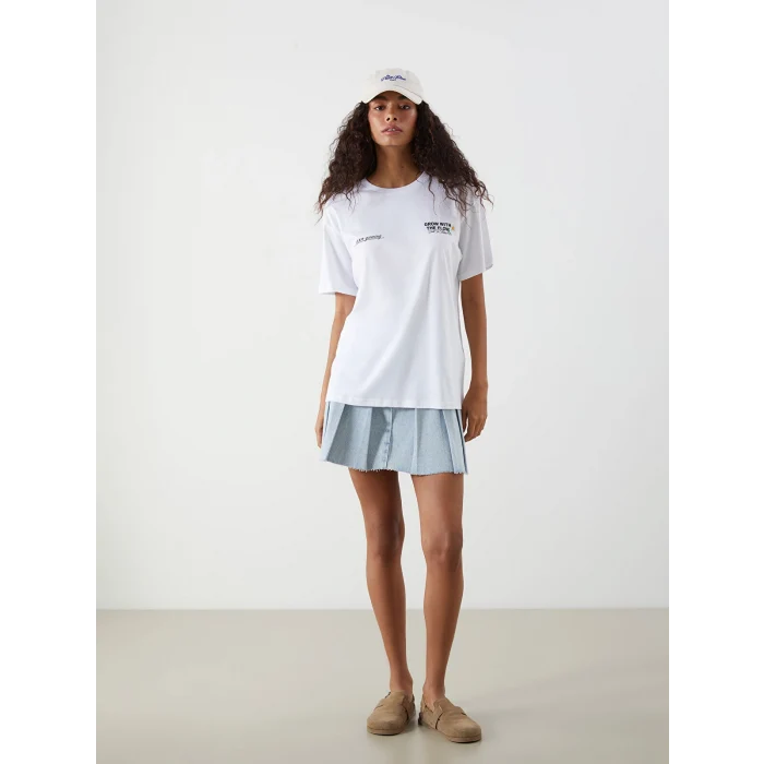 XSIDE Beyaz Bisiklet Yaka Baskılı Kadın Tişört