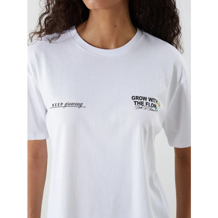 XSIDE Beyaz Bisiklet Yaka Baskılı Kadın Tişört