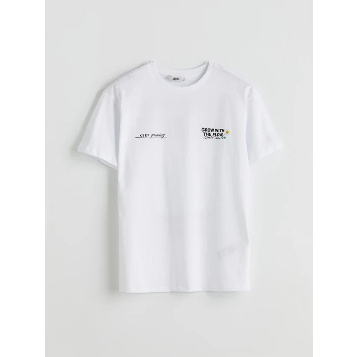 XSIDE Beyaz Bisiklet Yaka Baskılı Kadın Tişört