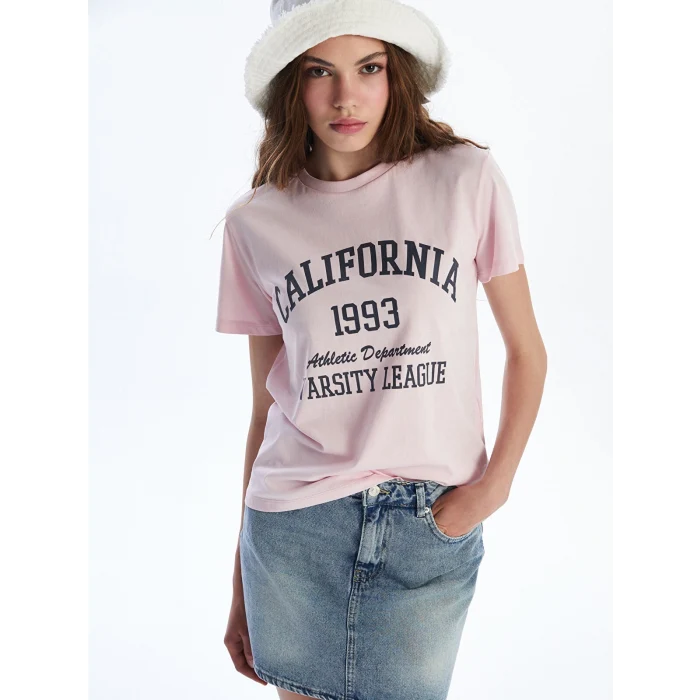 XSIDE Pembe Bisiklet Yaka California Baskılı Kadın Tişört