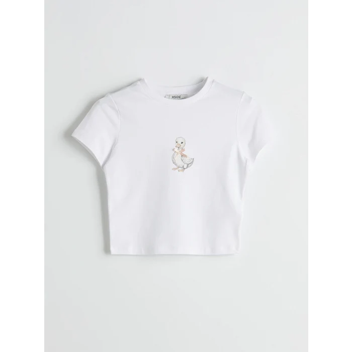 XSIDE Beyaz Bisiklet Yaka Ördek Baskılı Kadın Crop