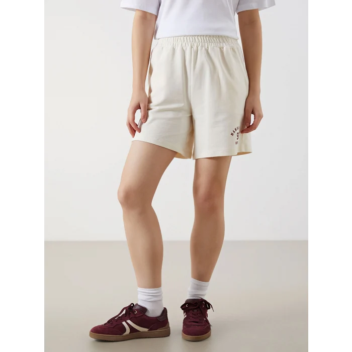 XSIDE Bej Beli Lastikli New York Baskılı Kadın Şort