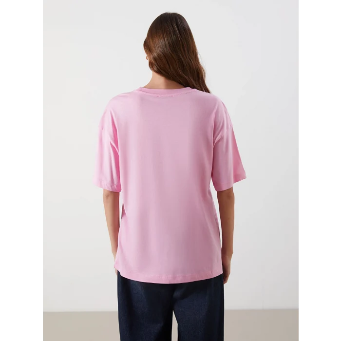 LCW Vision Pembe Bisiklet Yaka Baskılı Oversize Kadın Tişört