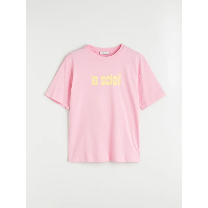 LCW Vision Pembe Bisiklet Yaka Baskılı Oversize Kadın Tişört