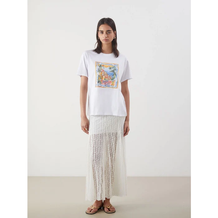 LCW Vision Beyaz Bisiklet Yaka Baskılı Kadın Tişört