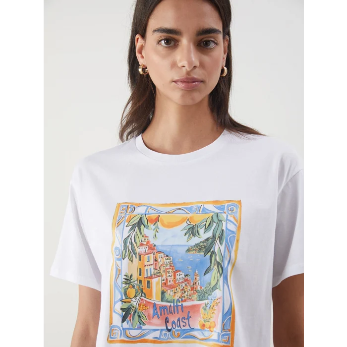 LCW Vision Beyaz Bisiklet Yaka Baskılı Kadın Tişört