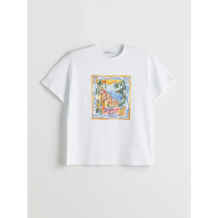 LCW Vision Beyaz Bisiklet Yaka Baskılı Kadın Tişört