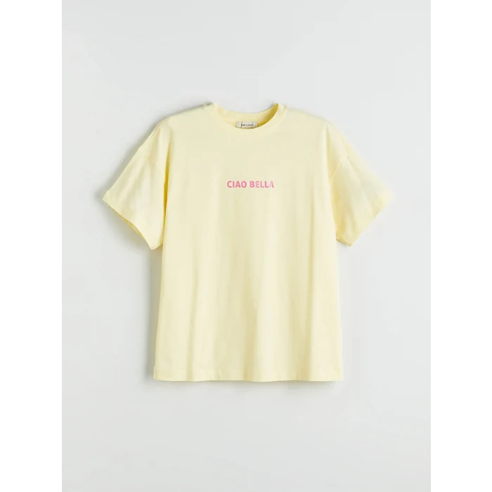 LCW Vision Sarı Bisiklet Yaka Baskılı Oversize Kadın Tişört