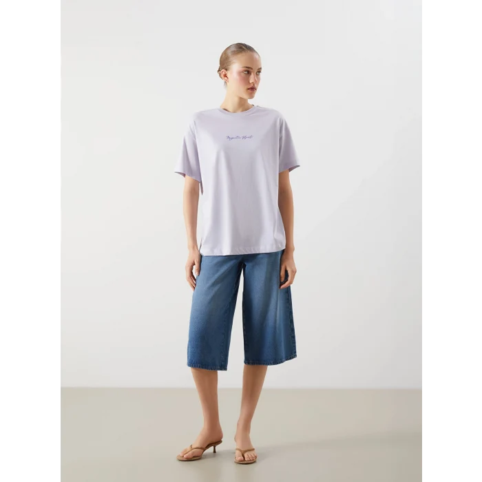 LCW Vision Lila Bisiklet Yaka Baskılı Oversize Kadın Tişört