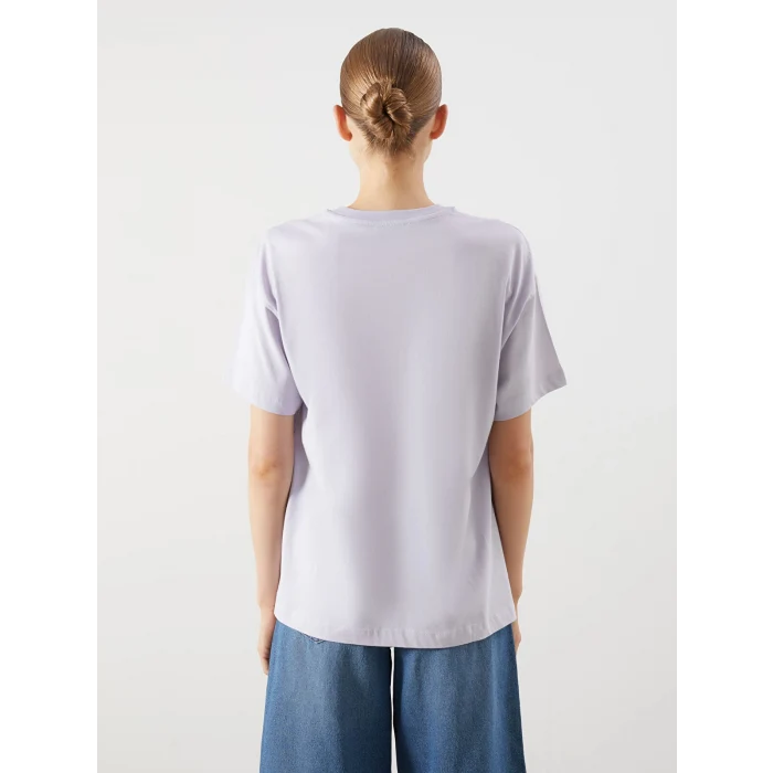 LCW Vision Lila Bisiklet Yaka Baskılı Oversize Kadın Tişört