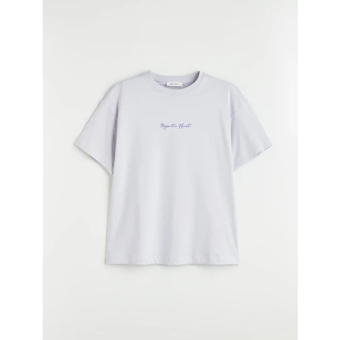 LCW Vision Lila Bisiklet Yaka Baskılı Oversize Kadın Tişört