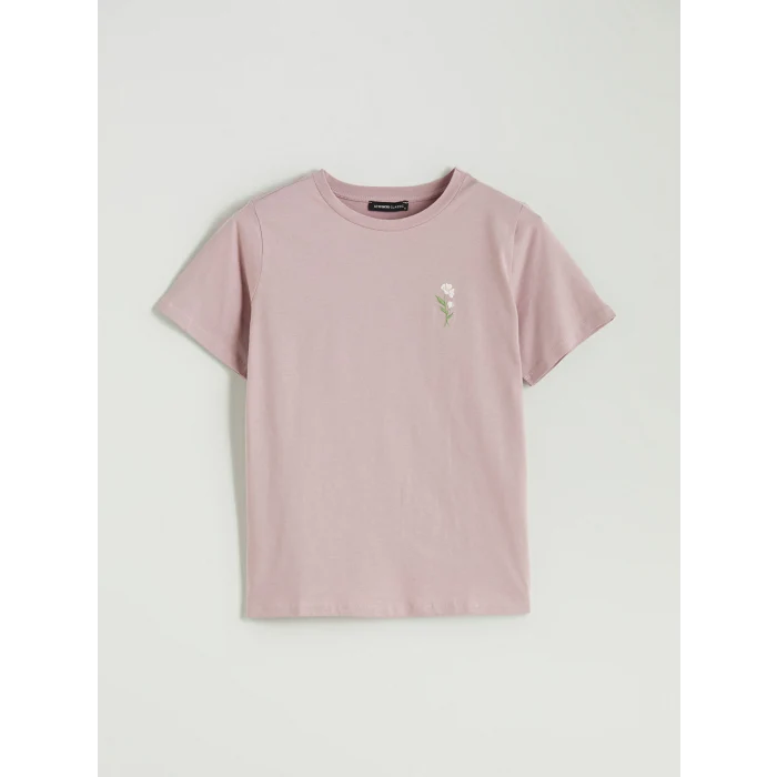 LCWAIKIKI Classic Pembe Bisiklet Yaka Çiçek Nakışlı Kadın Tişört