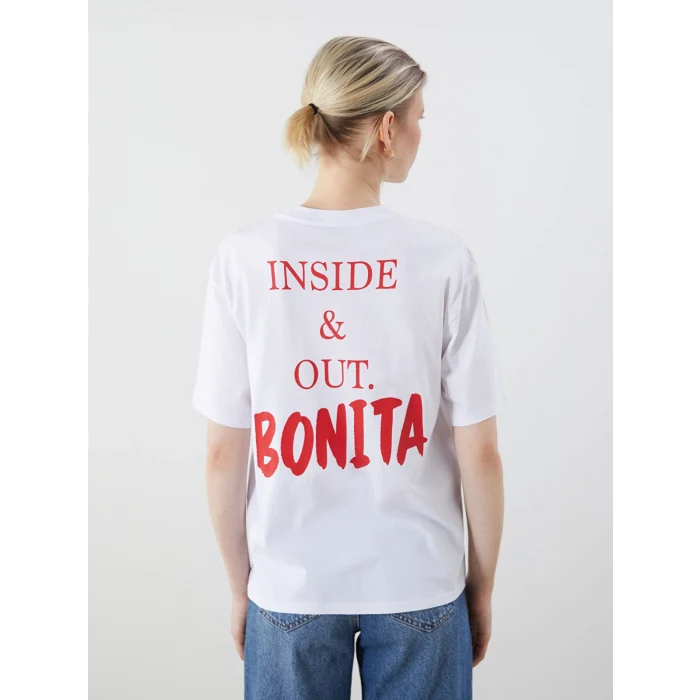 LCW Vision Beyaz Bisiklet Yaka Baskılı Oversize Kadın Tişört