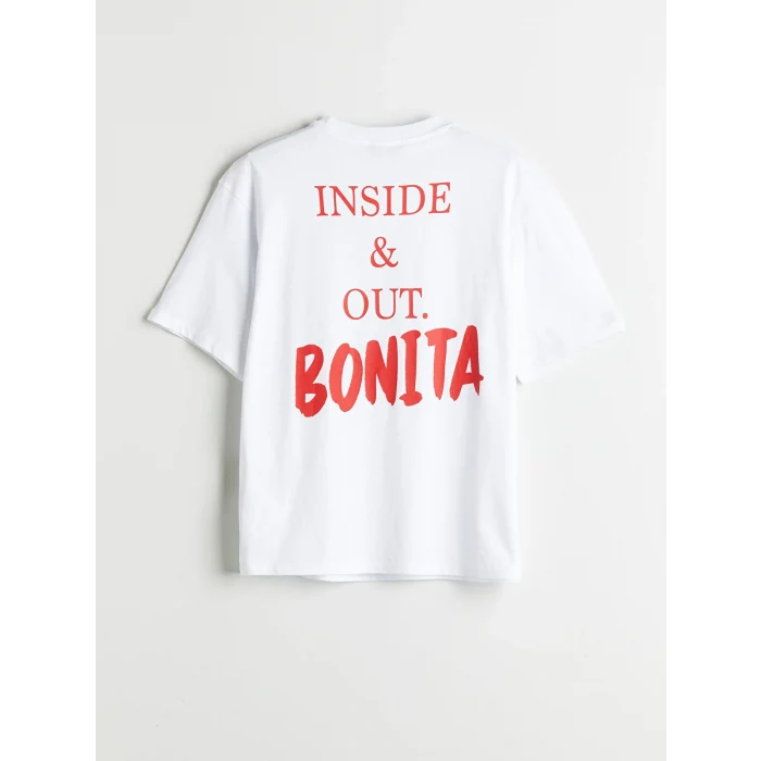 LCW Vision Beyaz Bisiklet Yaka Baskılı Oversize Kadın Tişört