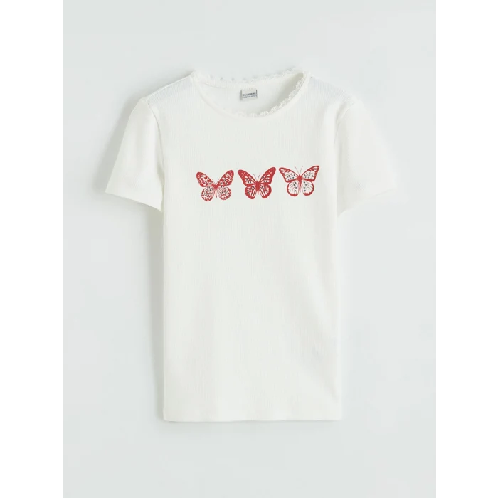 LCW Kids Ekru Bisiklet Yaka Baskılı Kız Çocuk Tişört