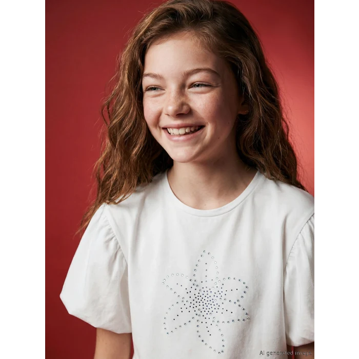 LCW Kids Ekru Bisiklet Yaka Taşlı Kız Çocuk Tişört