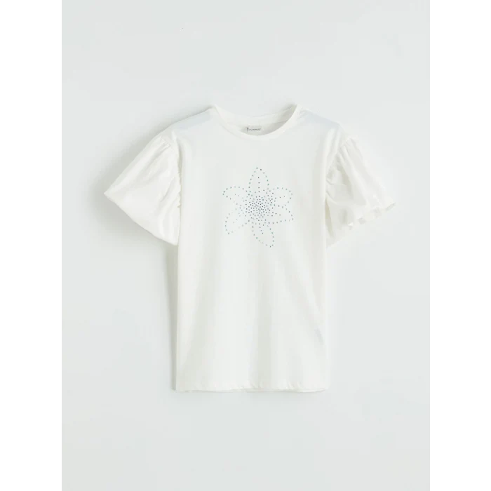 LCW Kids Ekru Bisiklet Yaka Taşlı Kız Çocuk Tişört