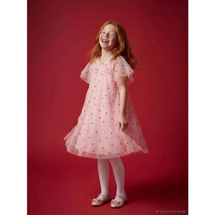 LCW Kids Pembe Bebe Yaka Kalp Nakışlı Kız Çocuk Prenses Elbise