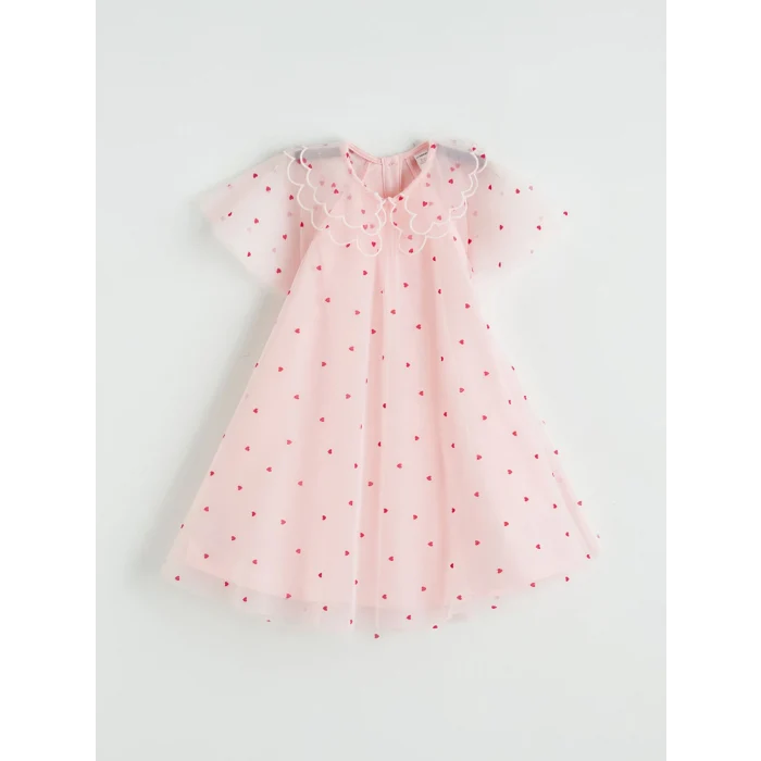 LCW Kids Pembe Bebe Yaka Kalp Nakışlı Kız Çocuk Prenses Elbise