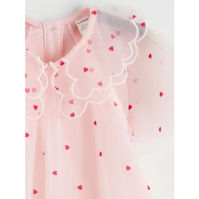 LCW Kids Pembe Bebe Yaka Kalp Nakışlı Kız Çocuk Prenses Elbise