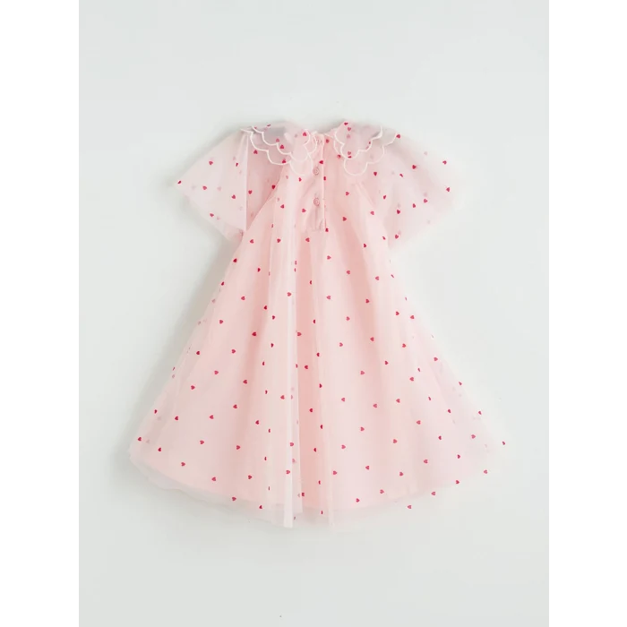 LCW Kids Pembe Bebe Yaka Kalp Nakışlı Kız Çocuk Prenses Elbise