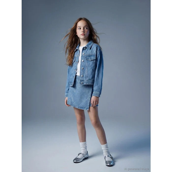 LCW Kids İndigo Taşlı Kız Çocuk Jean Şort Etek