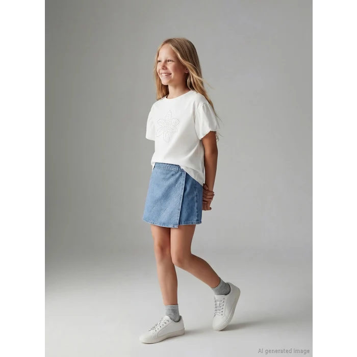 LCW Kids İndigo Taşlı Kız Çocuk Jean Şort Etek